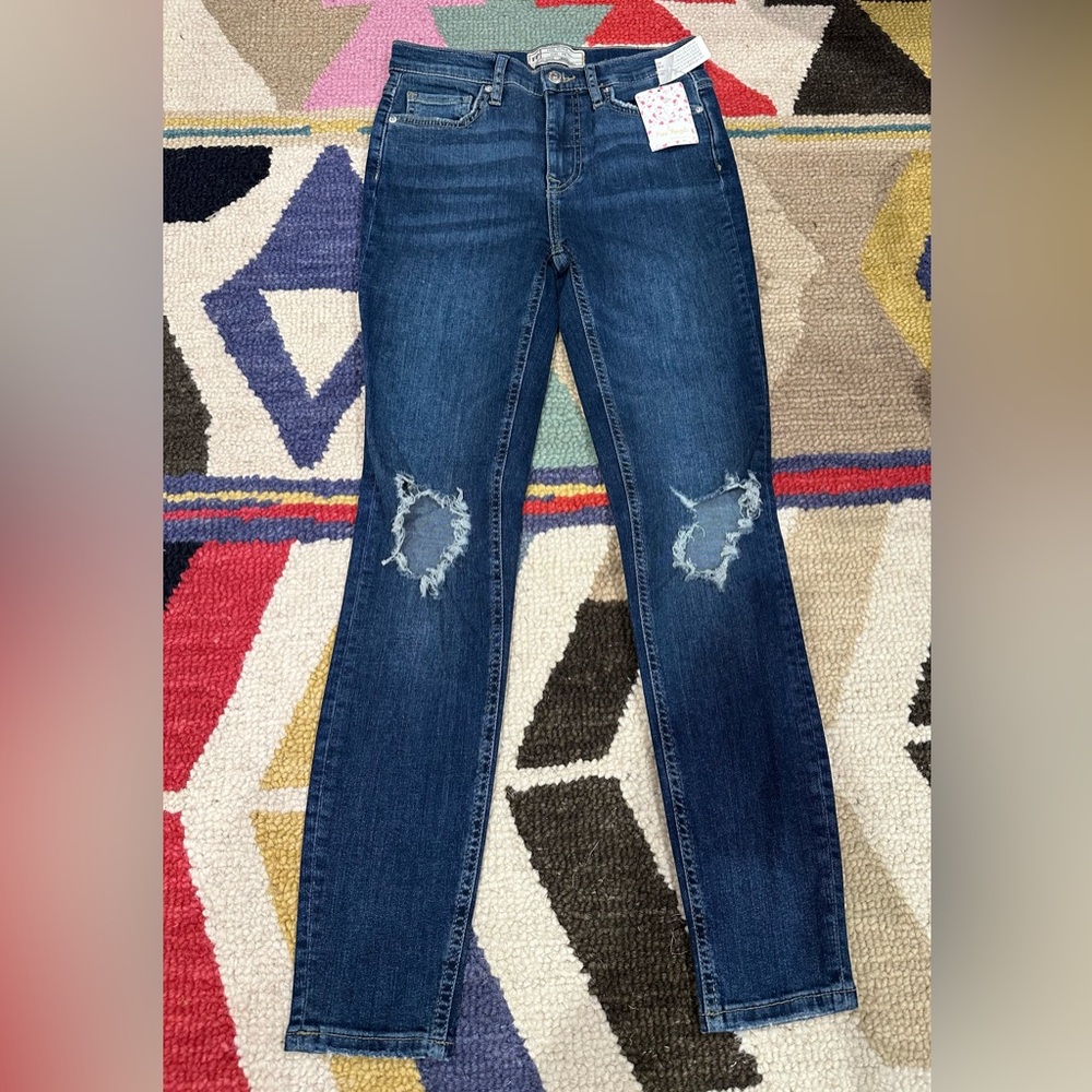 Free People Dark Blue Distressed Straight Leg Jeans